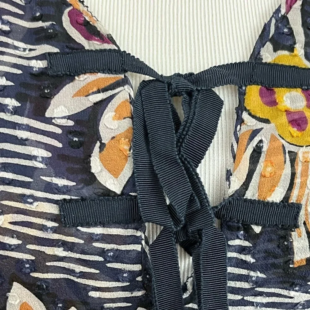 Tory Burch Silk Navy/White/ Purple Floral Peplum Style Blouse Small